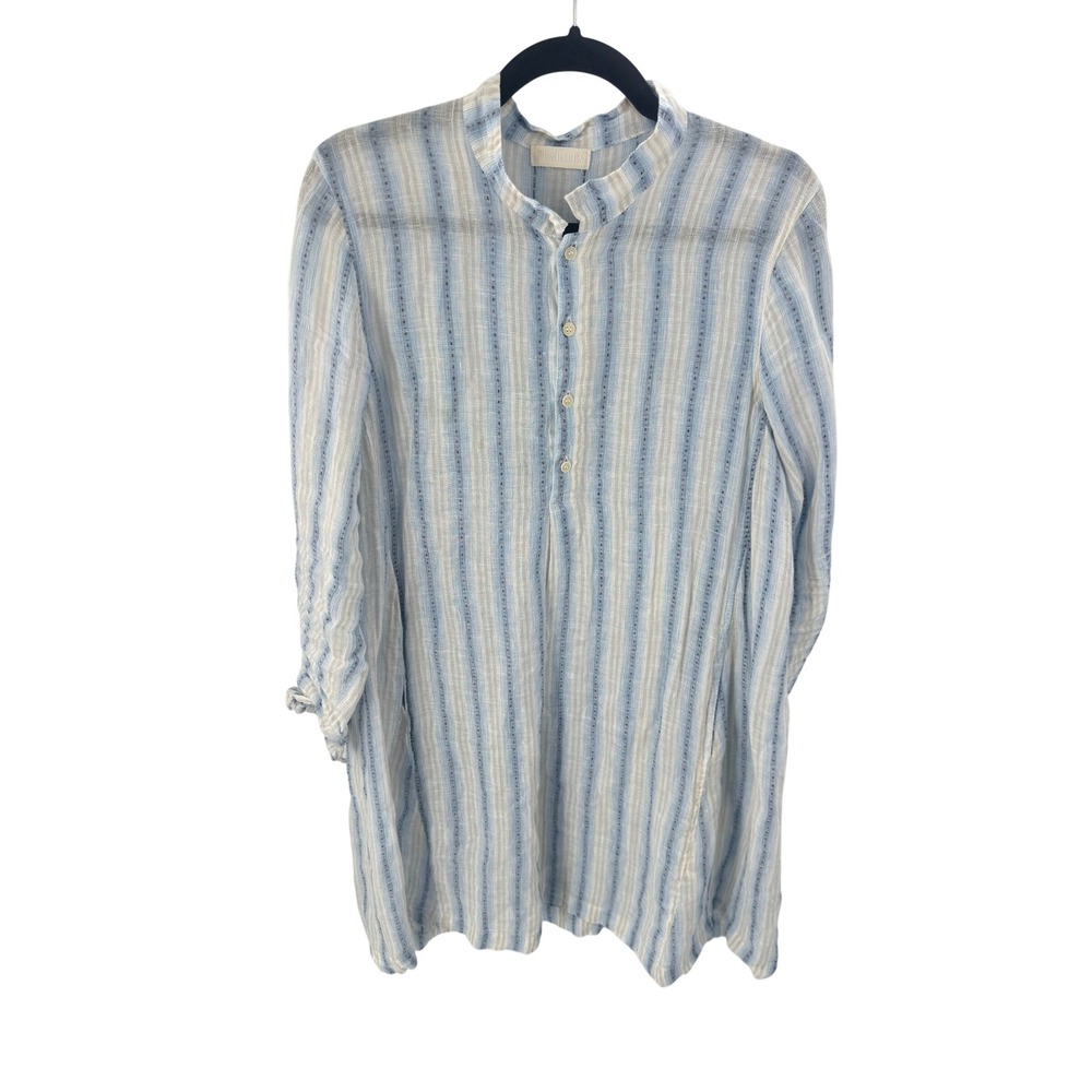 Cp Shades Midi Dress Size S Blue White Linen Striped Henley Neck Pullover Casual